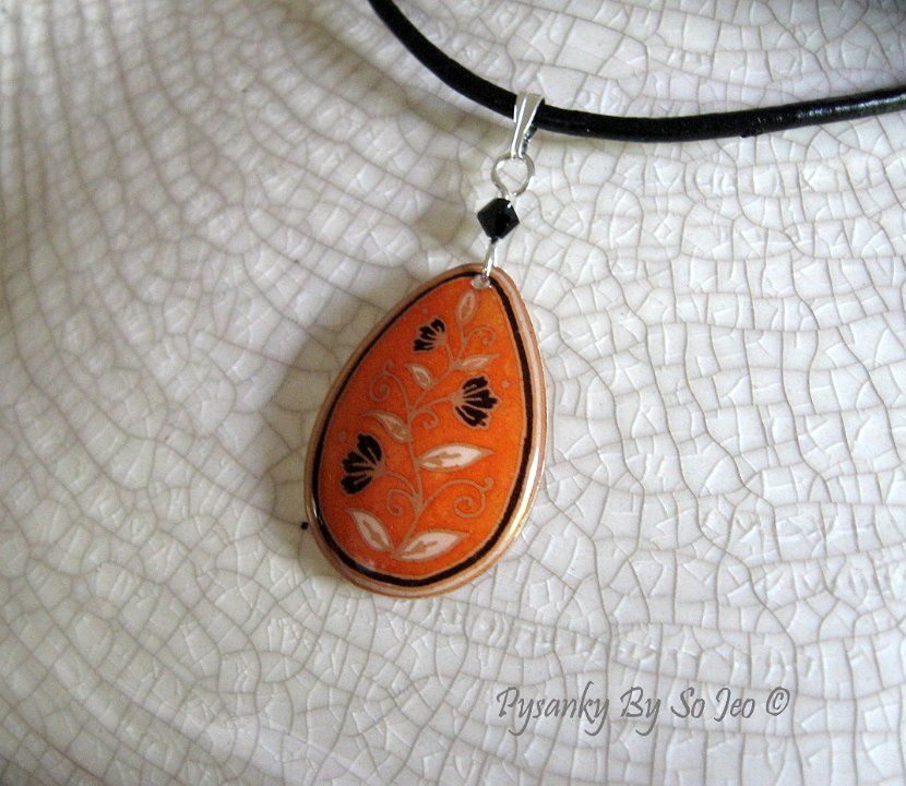 Orange Spring Vines Teardrop Pendant Pysanky Jewelry by So Jeo